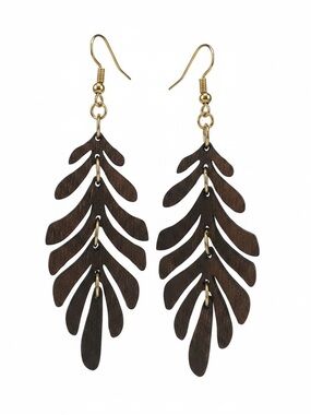 Gold & Dark Brown Leaf Drop Earrings - Women Jewelry